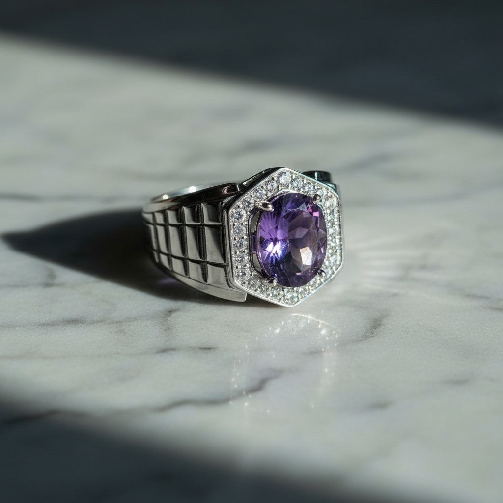 Gentleman's Royal: Natural Amethyst & CZ Hexagonal Halo Men's Ring in 925 Silver