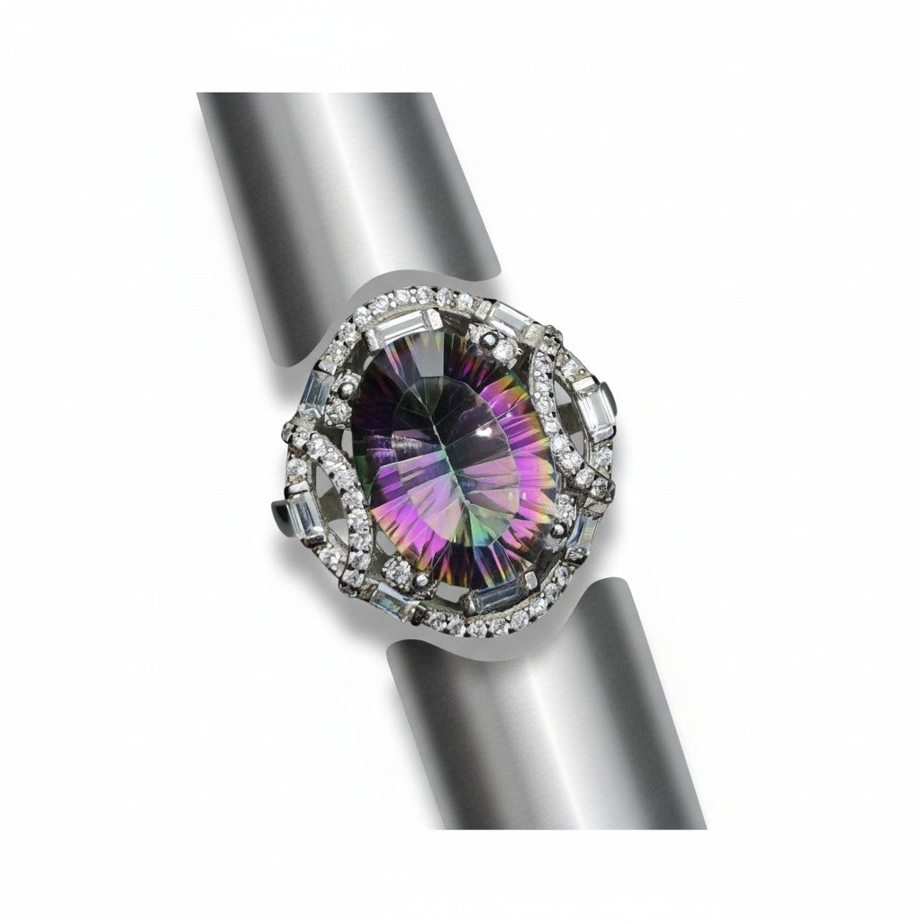Rainbow Orbit: Faceted Mystic Topaz Statement Ring with Architectural CZ Halo