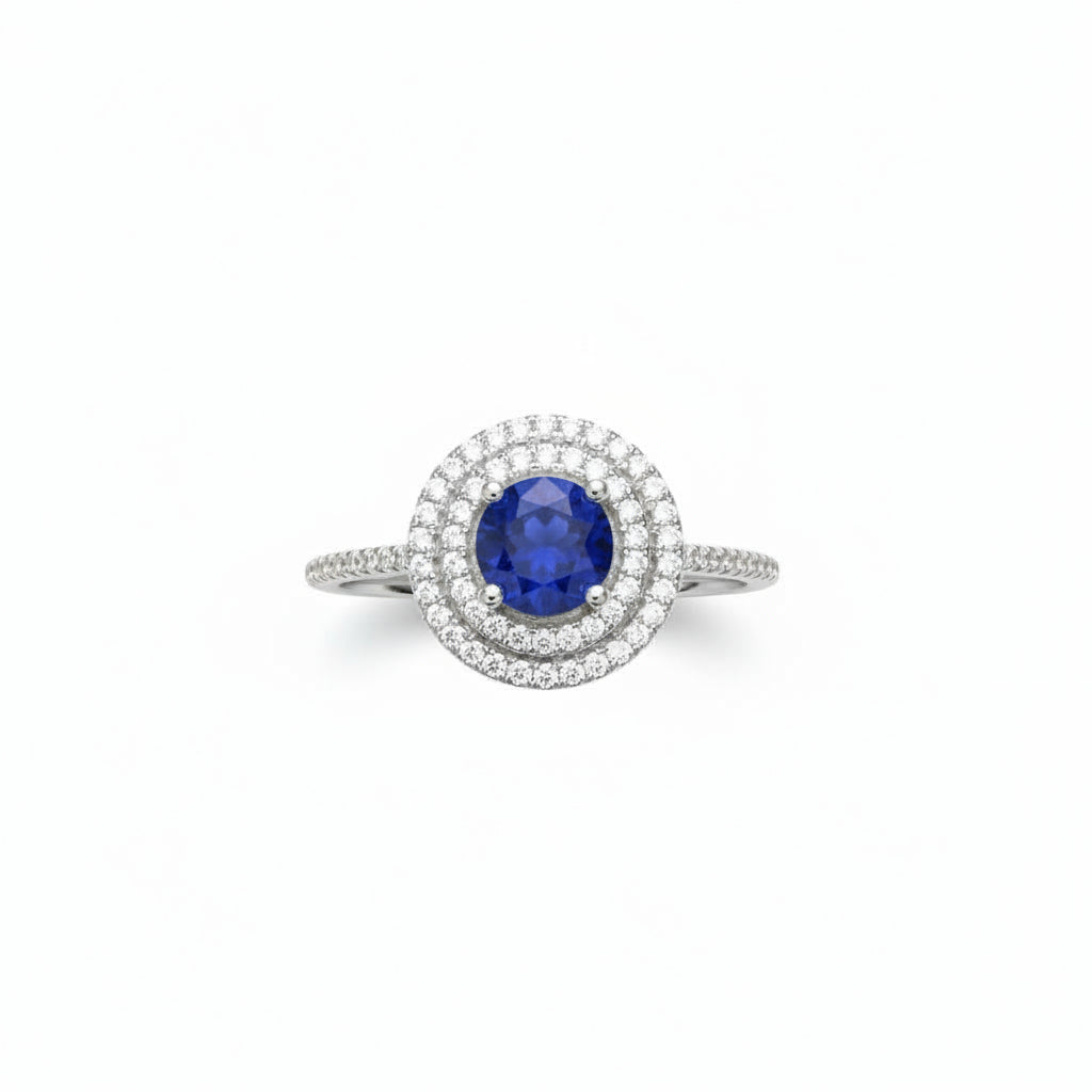 Natural Blue Sapphire Halo Ring - Round Royal Blue Center with CZ Accents in Sterling Silver