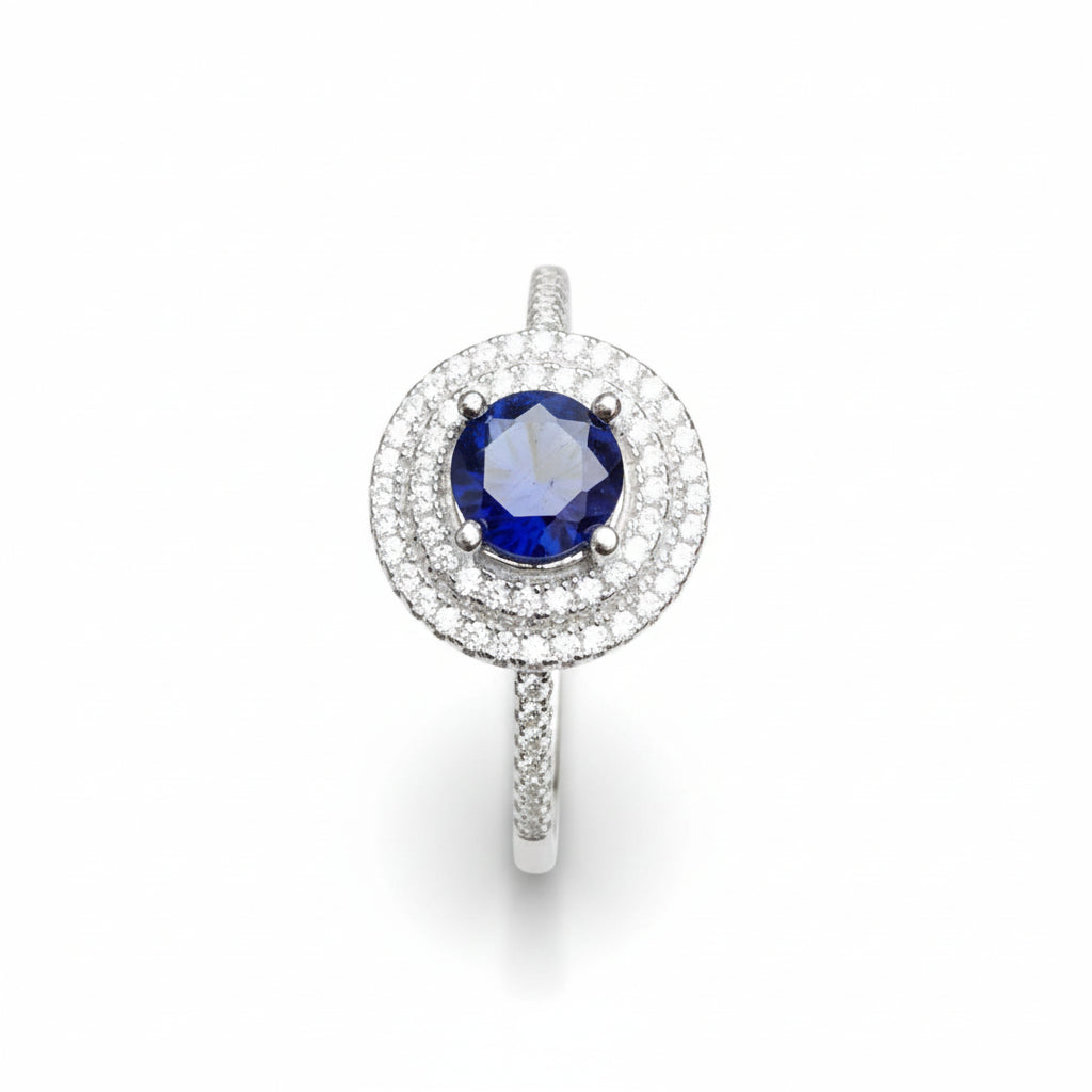 Natural Blue Sapphire Halo Ring - Round Royal Blue Center with CZ Accents in Sterling Silver