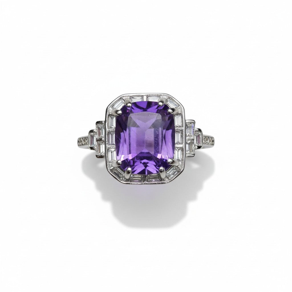 Roaring Twenties Royal: Natural Emerald-Cut Amethyst Ring with Geometric CZ Halo