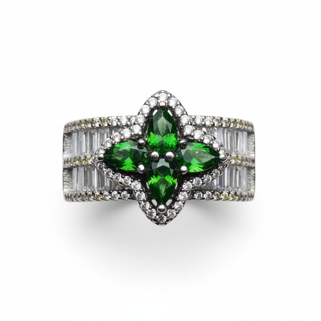 Forest Majesty: Natural Chrome Diopside Cluster Ring with Baguette Accents in 925 Silver