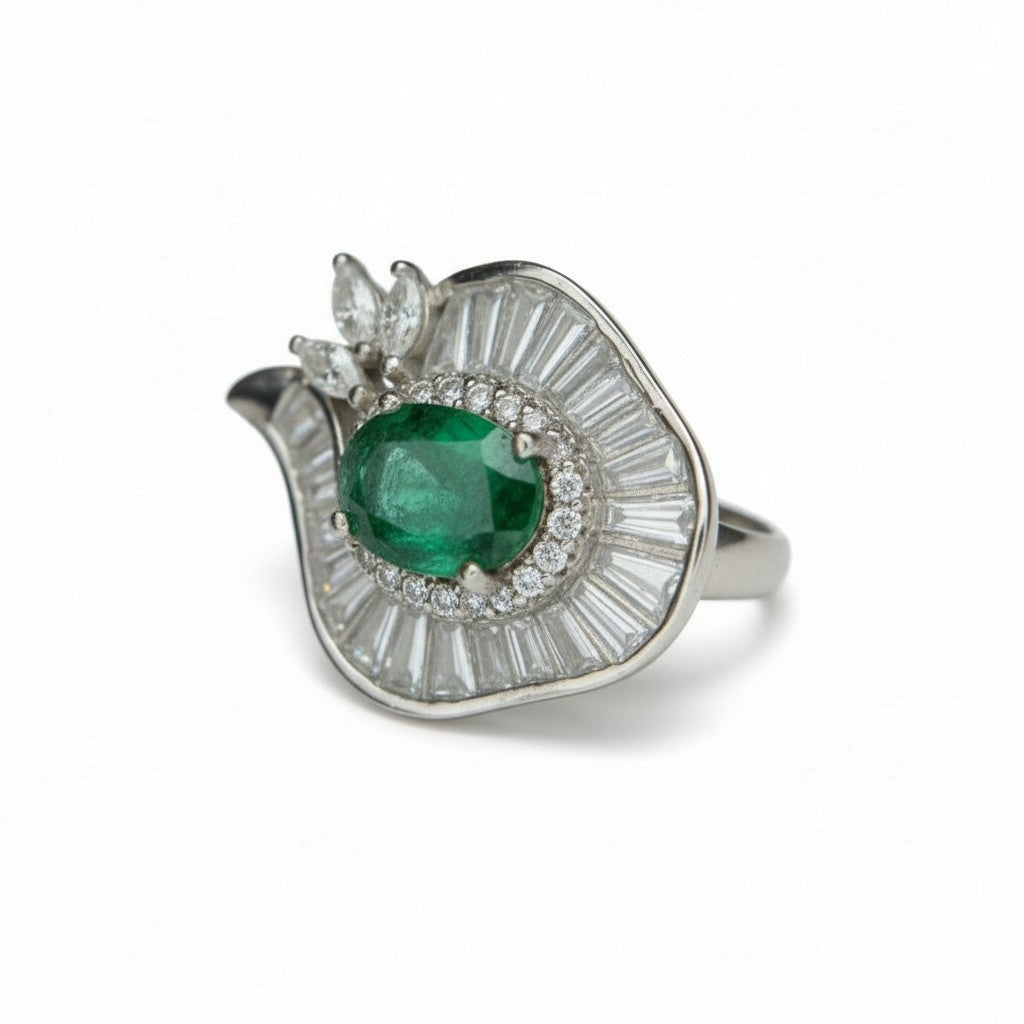 Art Deco Envy: Natural Emerald Cocktail Ring with Baguette Fan Halo in 925 Silver