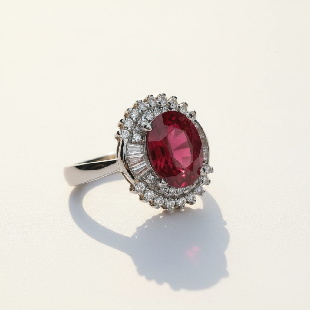 Royal Passion: Natural Ruby & Baguette CZ Halo Statement Ring in 925 Silver