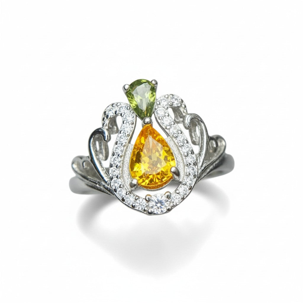 Designer Duo: Natural Yellow & Green Sapphire Cluster Ring in 925 Silver with CZ Pavé