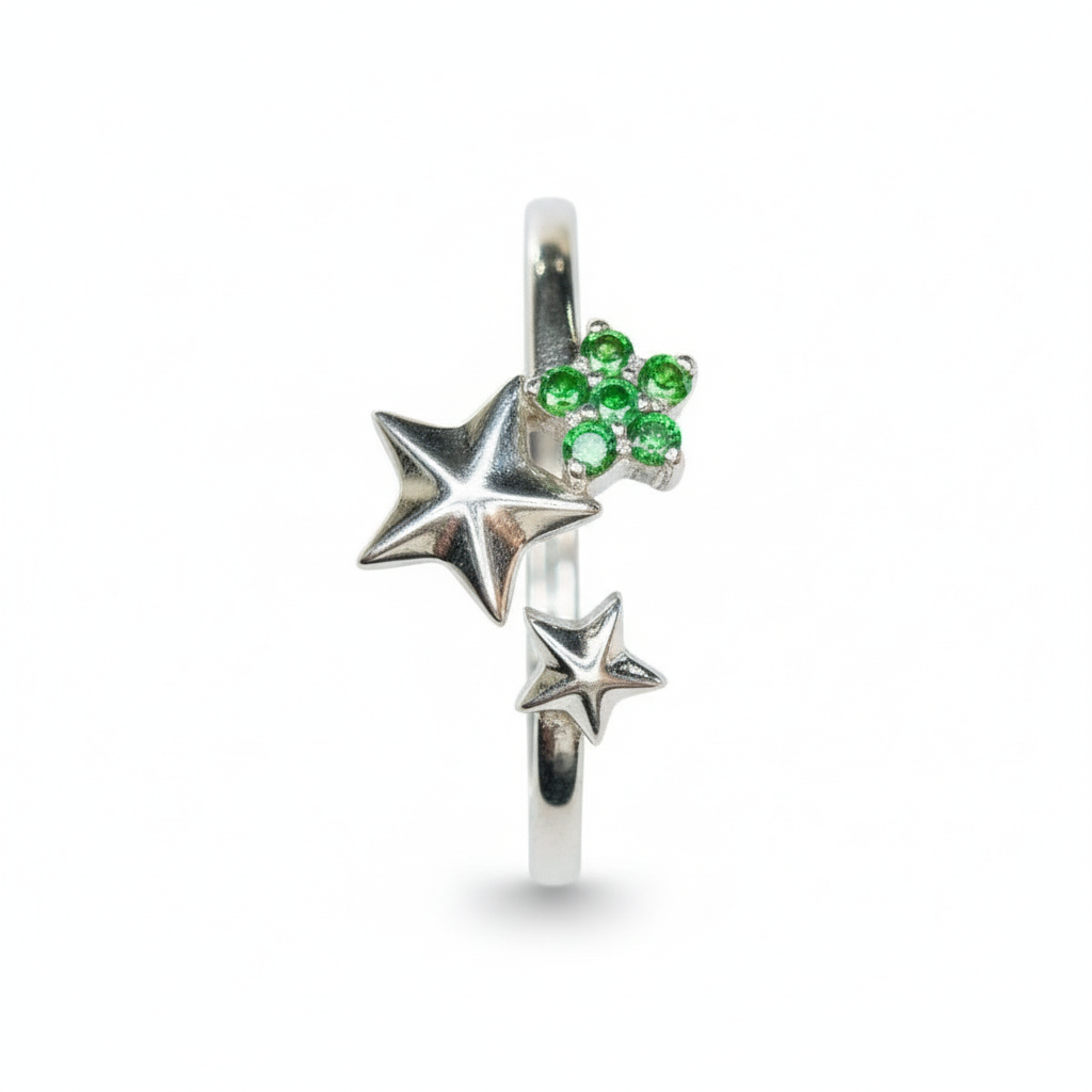 Celestial Sparkle: Natural Tsavorite Star Cluster Open Ring in 925 Silver