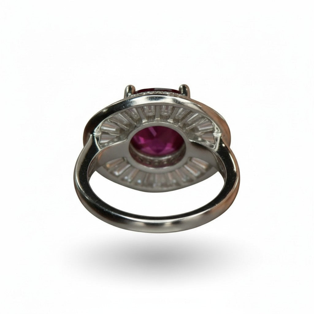 Vintage Grandeur: Natural Ruby & Baguette Halo Cluster Ring in 925 Silver
