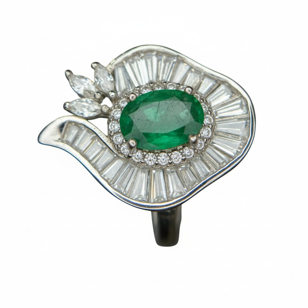 Art Deco Envy: Natural Emerald Cocktail Ring with Baguette Fan Halo in 925 Silver
