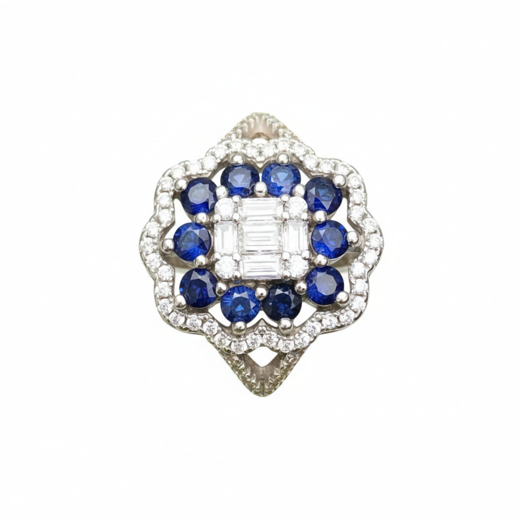 Natural Blue Sapphire Cluster Ring - Multi Round Sapphires with CZ Halo in Sterling Silver