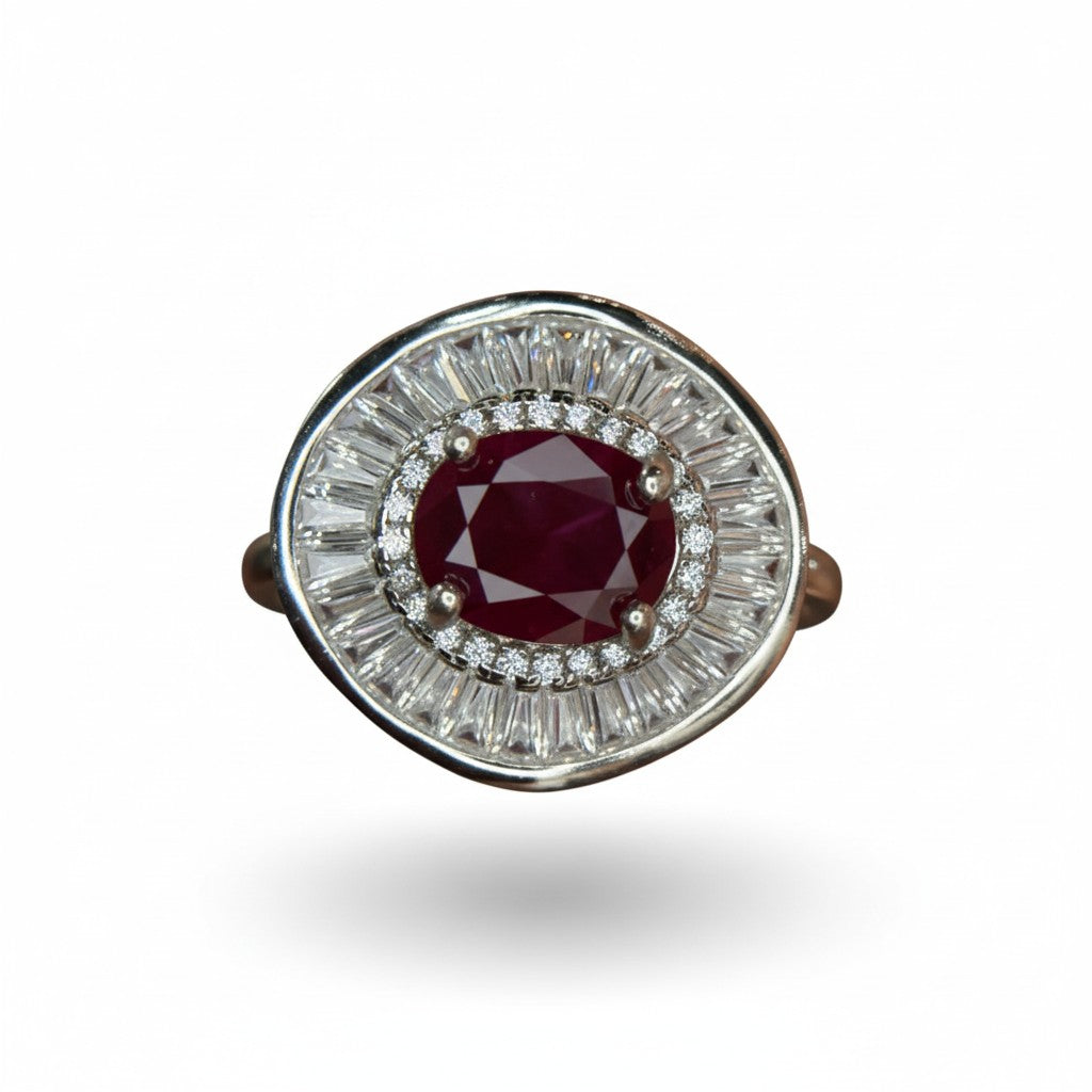 Vintage Grandeur: Natural Ruby & Baguette Halo Cluster Ring in 925 Silver