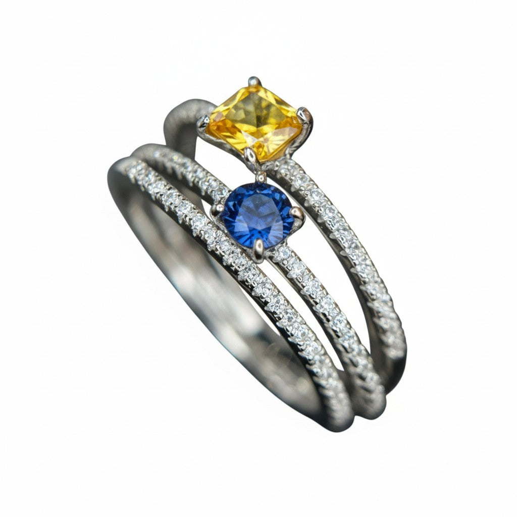 Designer Stacks: Natural Yellow & Blue Sapphire Three-Band Ring in 925 Silver