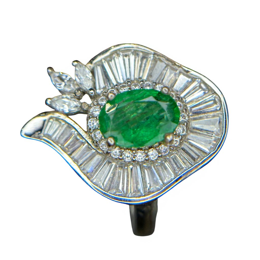 Art Deco Envy: Natural Emerald Cocktail Ring with Baguette Fan Halo in 925 Silver