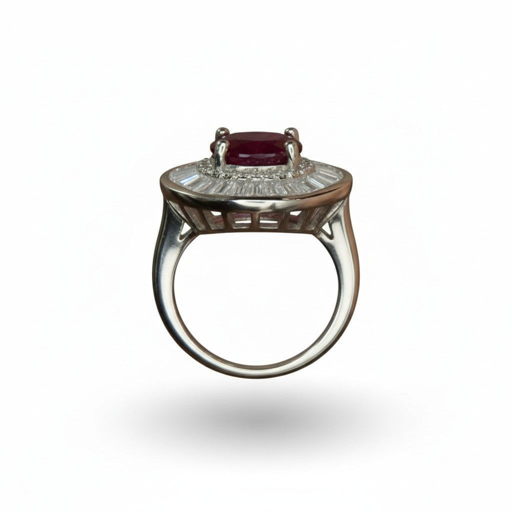 Vintage Grandeur: Natural Ruby & Baguette Halo Cluster Ring in 925 Silver