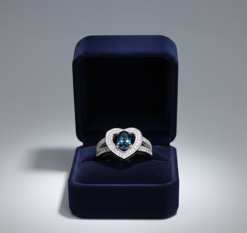 Heart of the Ocean: Natural London Blue Topaz & CZ Heart Halo Ring in 925 Silver