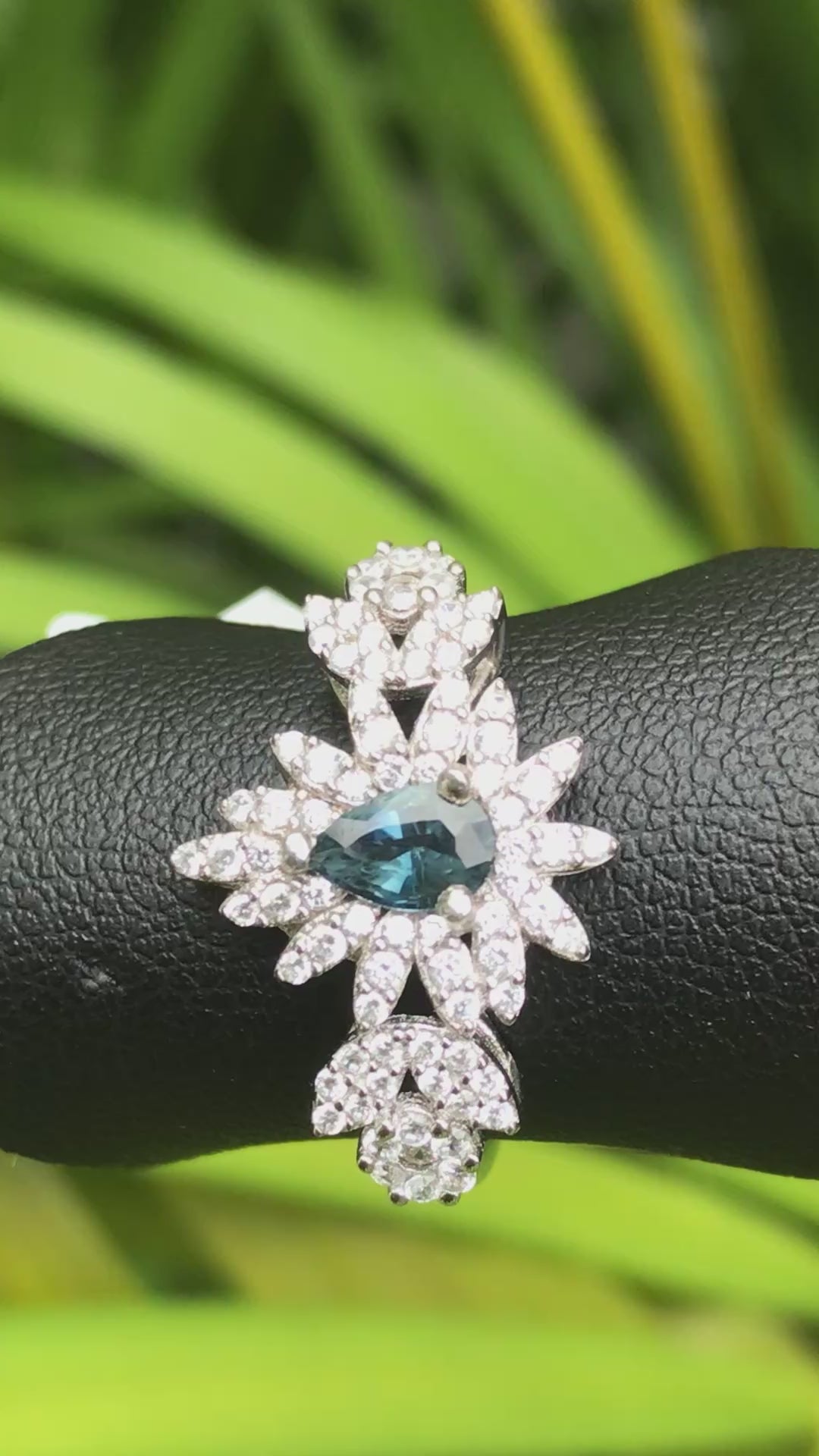 Natural Blue Sapphire Floral Ring - Pear Cut Teal Blue Center with CZ Petal Halo in Sterling Silver