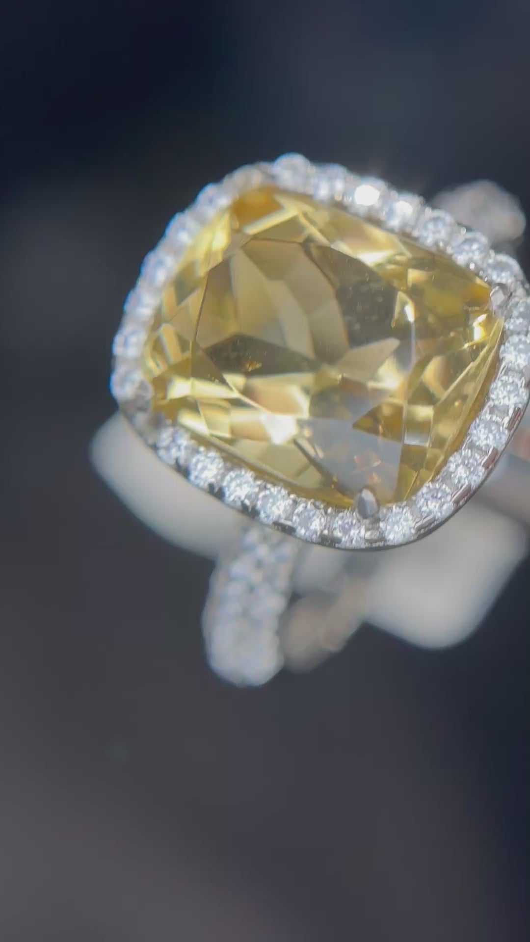 Natural Citrine Ring - Large Square Cushion Cut Golden Yellow with Full CZ Halo in Sterling Silver