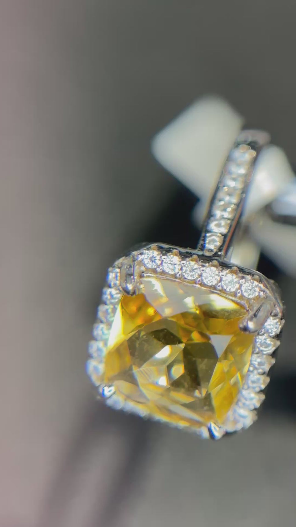 Natural Citrine Ring - Square Cushion Cut Golden Yellow with CZ Halo in Sterling Silver