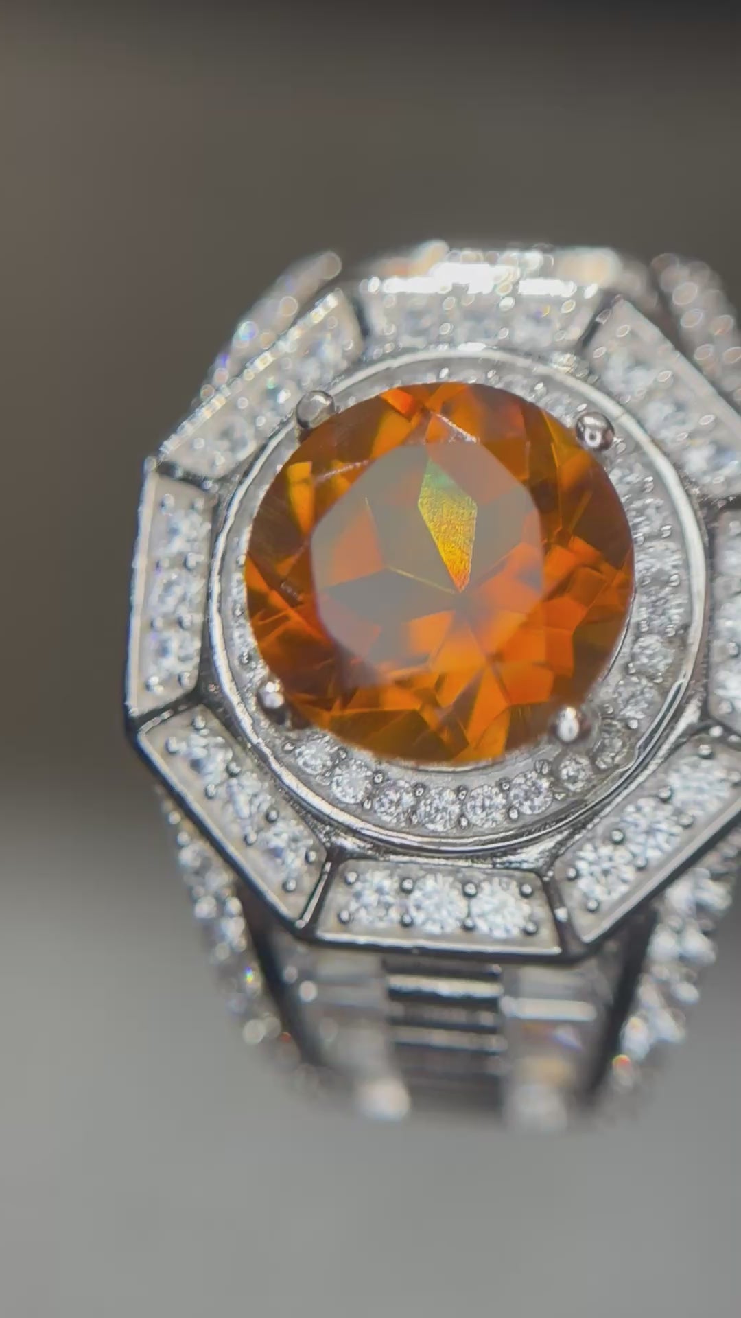 Men's Natural Citrine Ring - Large Oval Golden Orange with Full Pave CZ in Sterling Silver