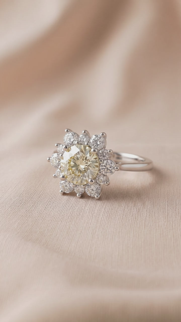 Champagne Moissanite Ring - Floral Cluster with CZ Halo in Sterling Silver