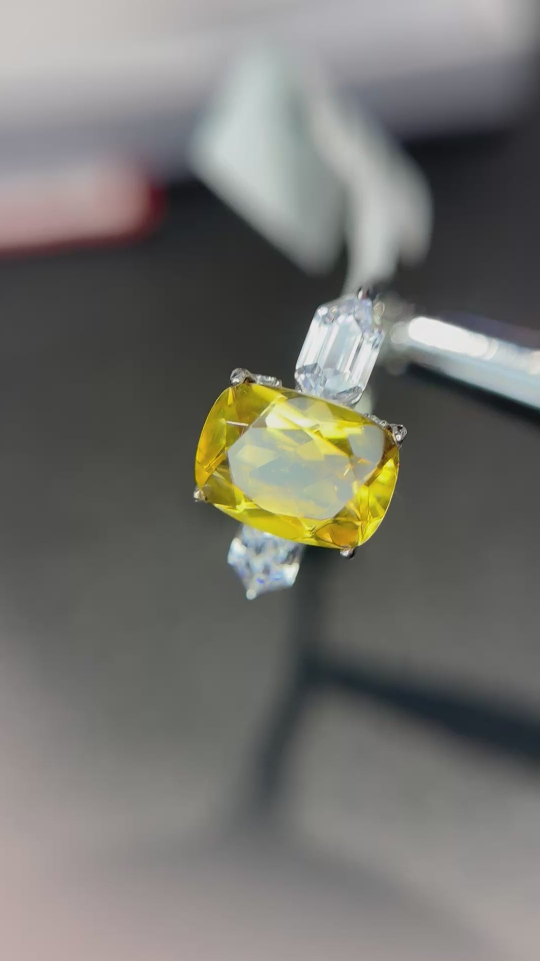 Natural Citrine Ring - Large Cushion Cut Golden Yellow with Baguette Accents in Sterling Silver