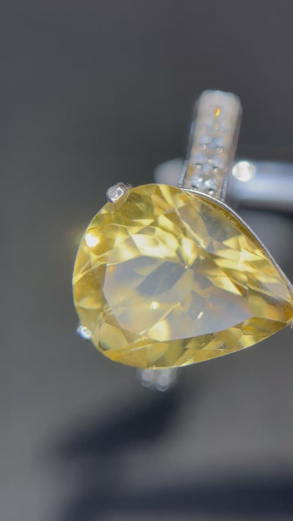 Natural Citrine Ring - Large Pear Cut Golden Yellow with Pavé Band in Sterling Silver