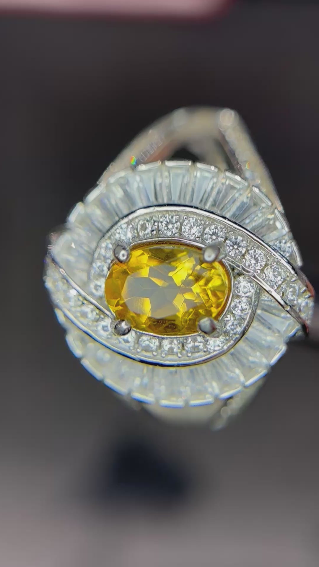 Natural Citrine Ring - Large Oval Golden Yellow with Double Halo & Baguette Accents in Sterling Silver