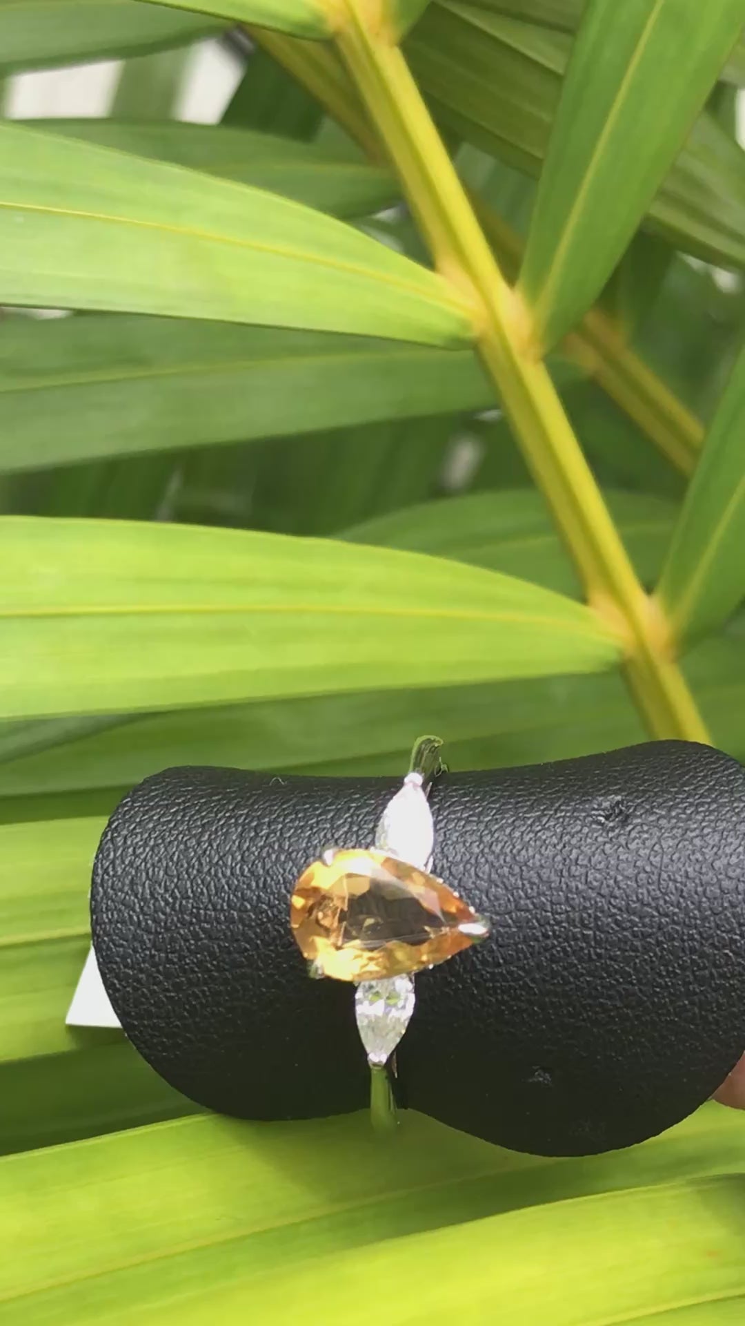Natural Citrine Ring - Pear Cut Golden Yellow Gemstone with Cubic Zirconia Side Stones in Sterling Silver