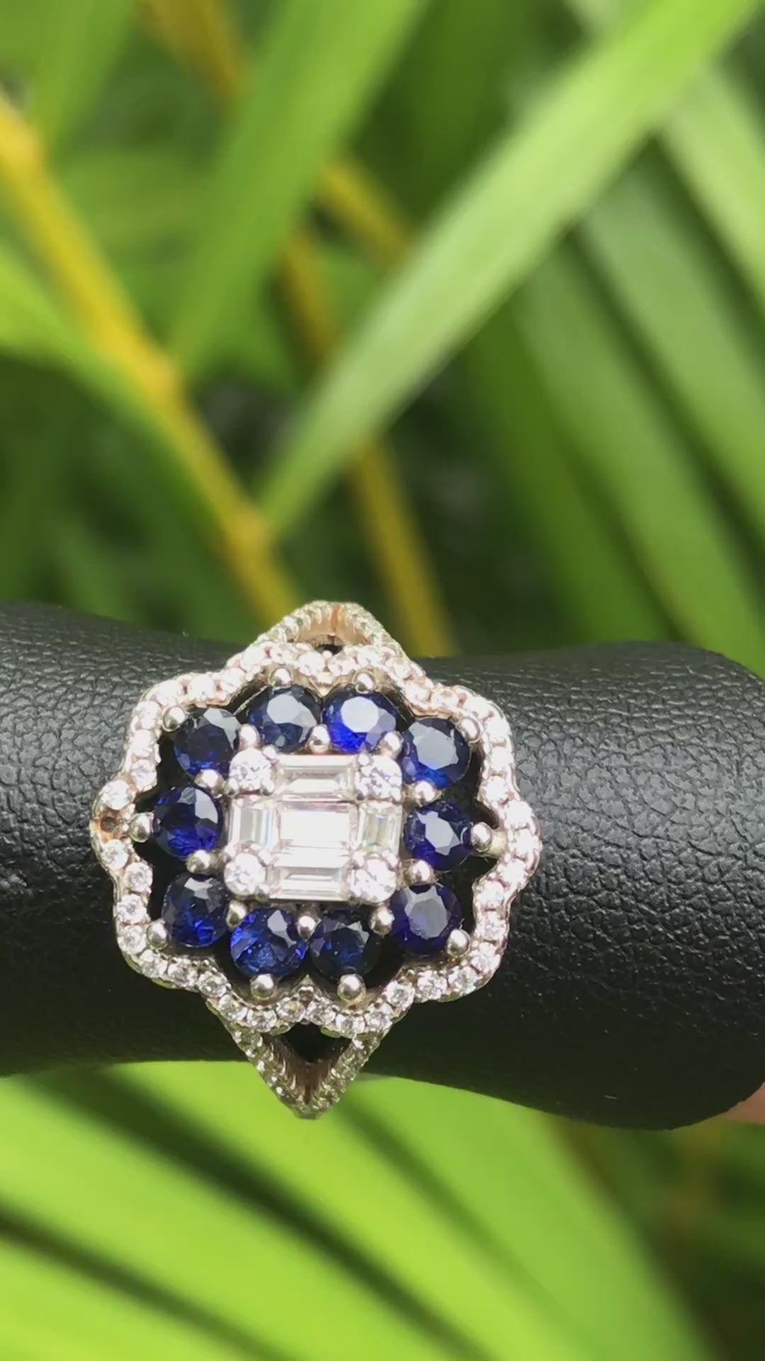 Natural Blue Sapphire Cluster Ring - Multi Round Sapphires with CZ Halo in Sterling Silver