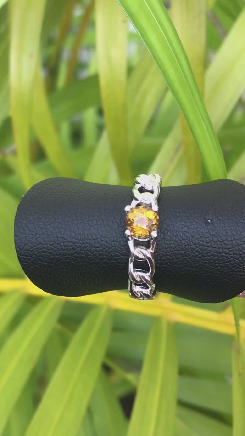 Natural Mali Garnet Ring - Sterling Silver Chain Link Band with Golden Yellow Gemstone