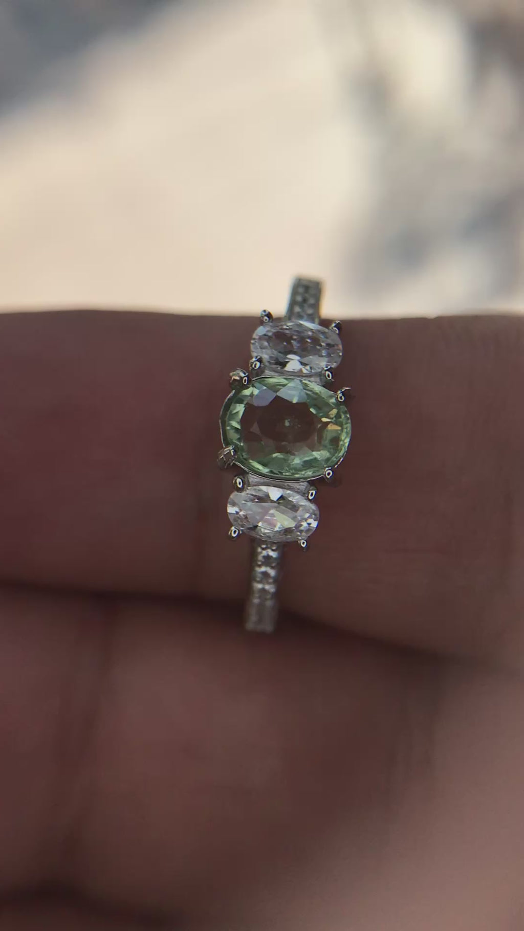 Pastel Elegance: Natural Green Tourmaline & CZ Three-Stone Ring in 925 Sterling Silver