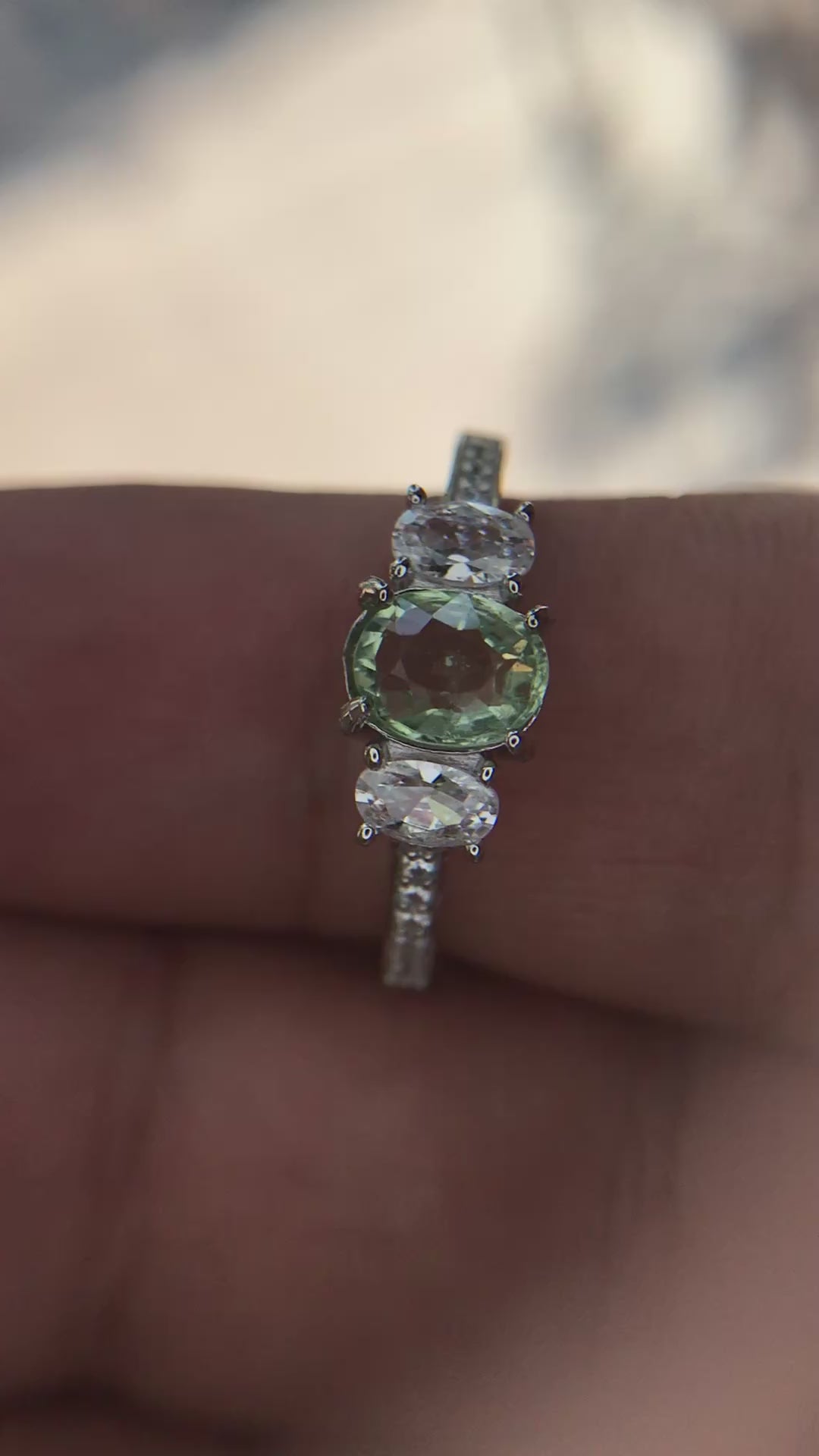 Pastel Elegance: Natural Green Tourmaline & CZ Three-Stone Ring in 925 Sterling Silver