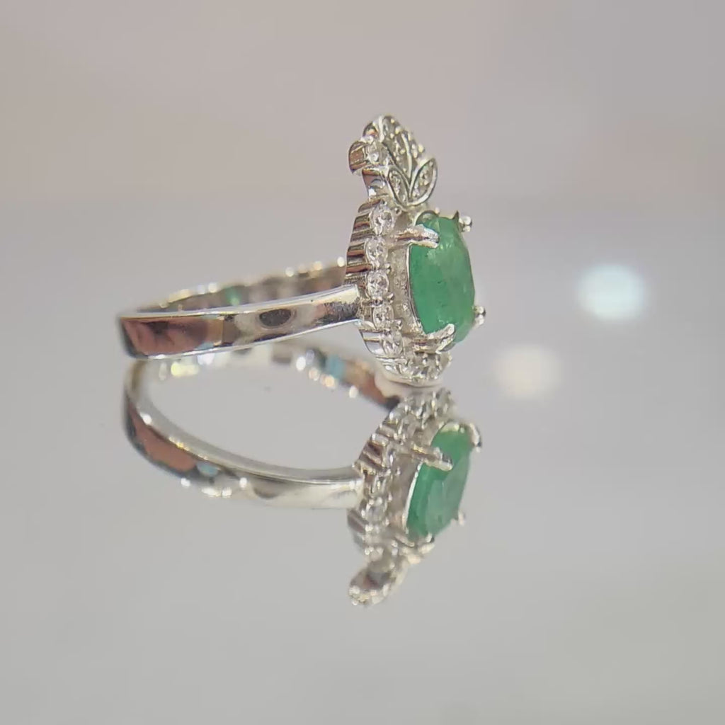 Natural Emerald Ring - Oval Cut Rich Green with CZ Halo and Floral Accents in Sterling Silver