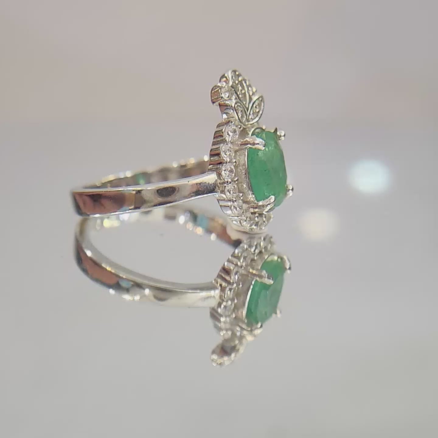 Natural Emerald Ring - Oval Cut Rich Green with CZ Halo and Floral Accents in Sterling Silver