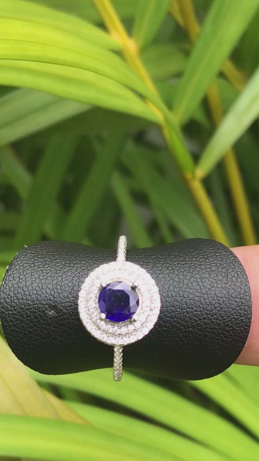 Natural Blue Sapphire Halo Ring - Round Royal Blue Center with CZ Accents in Sterling Silver