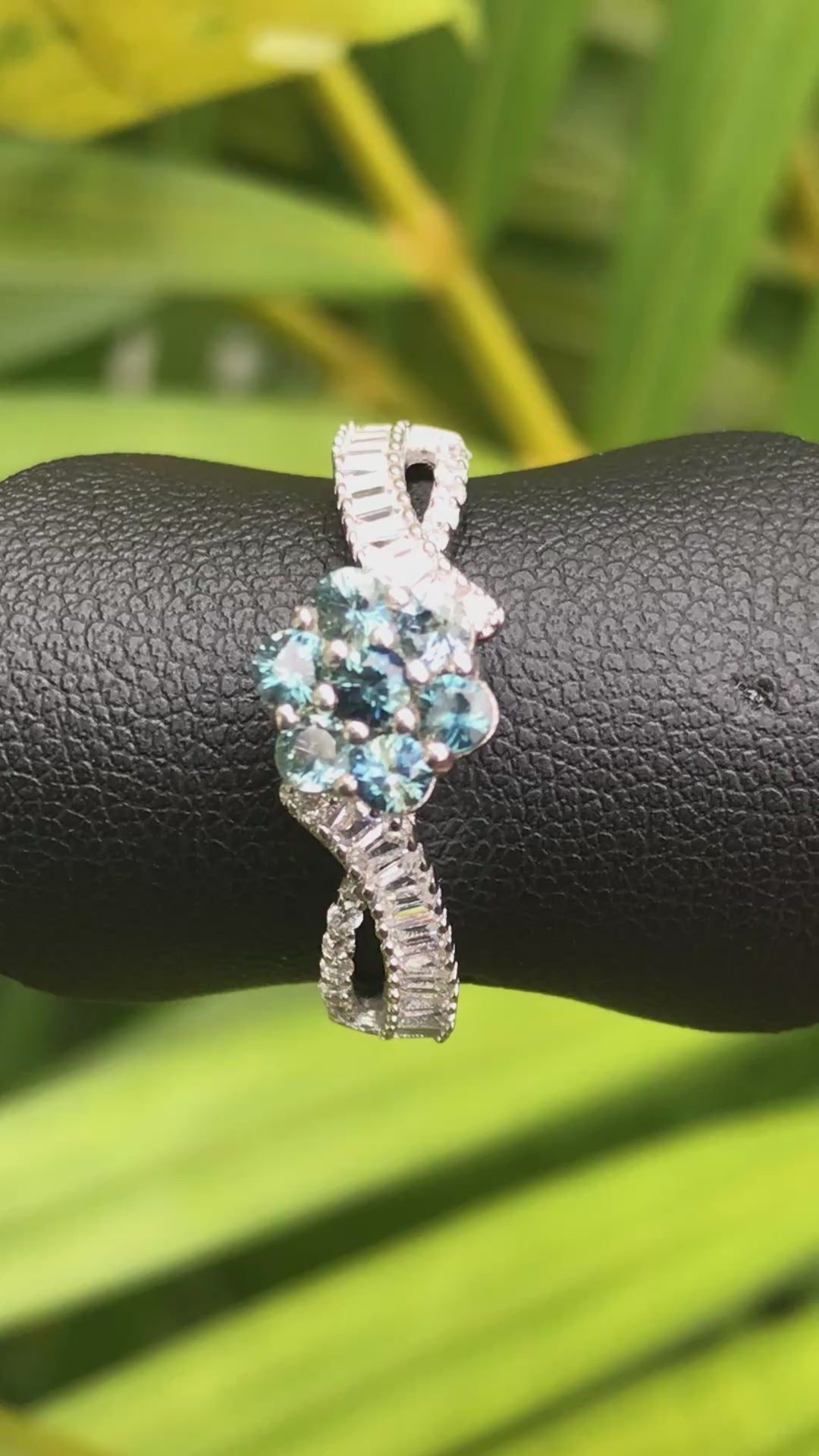 Natural Teal Sapphire Floral Cluster Ring - Blue-Green Flower Design with CZ Accents in Sterling Silver
