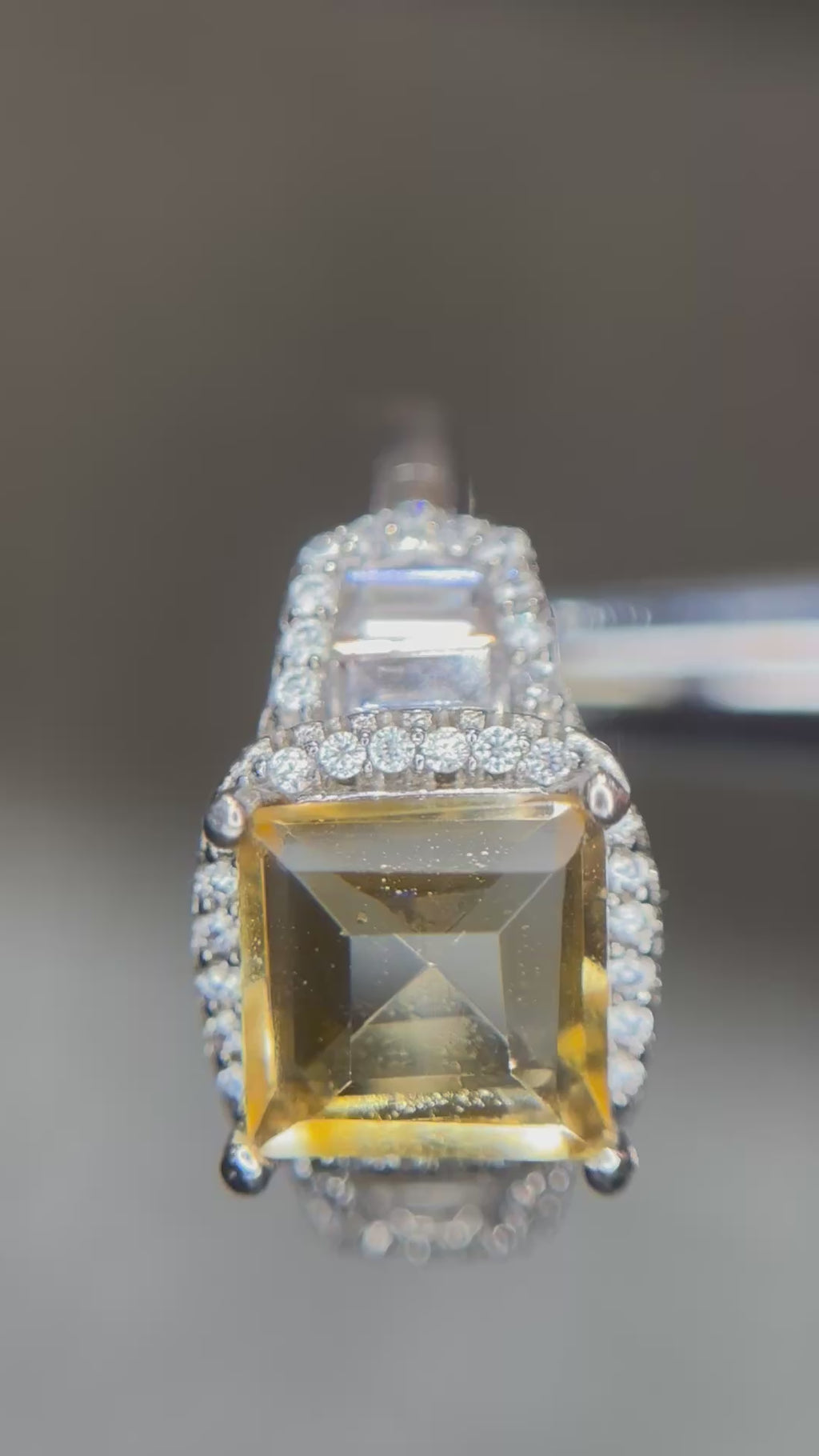 Natural Citrine Ring - Large Emerald Cut Golden Yellow with Double Halo & Baguette Accents in Sterling Silver