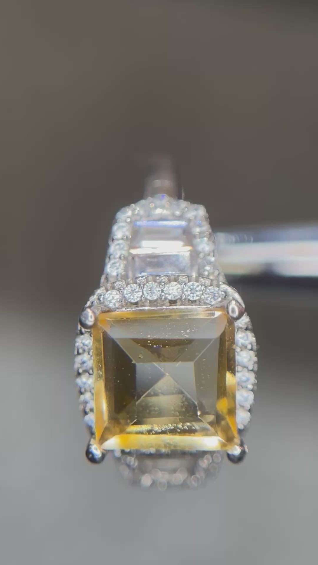 Natural Citrine Ring - Large Emerald Cut Golden Yellow with Double Halo & Baguette Accents in Sterling Silver