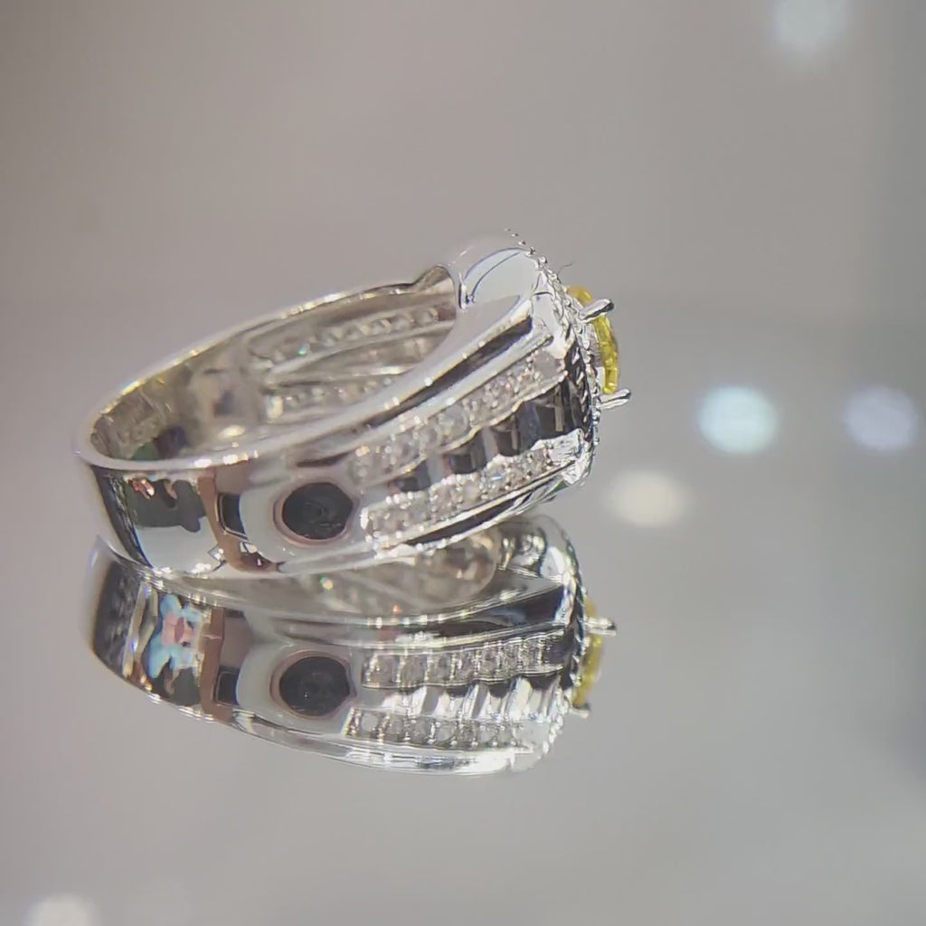 Men's Moissanite Ring - Round Golden Yellow with Multi-Layer Pavé Halo & Green Accents in Sterling Silver