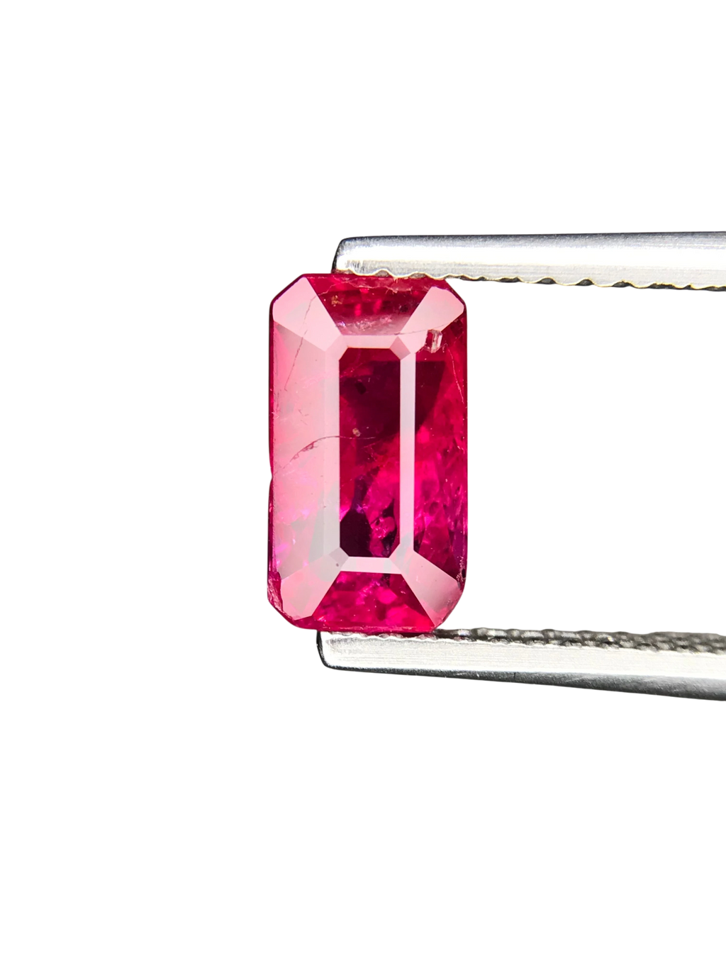 Shiza Gems 2.01 ct emerald-cut vivid pinkish-red unheated ruby gemstone with step faceting.
