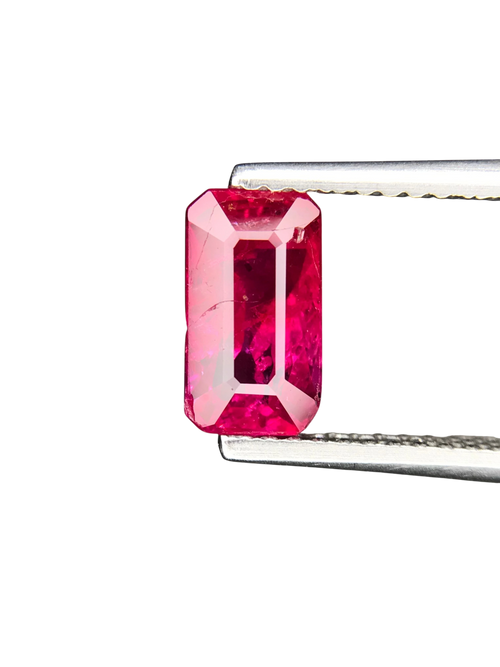 Shiza Gems 2.01 ct emerald-cut vivid pinkish-red unheated ruby gemstone with step faceting.