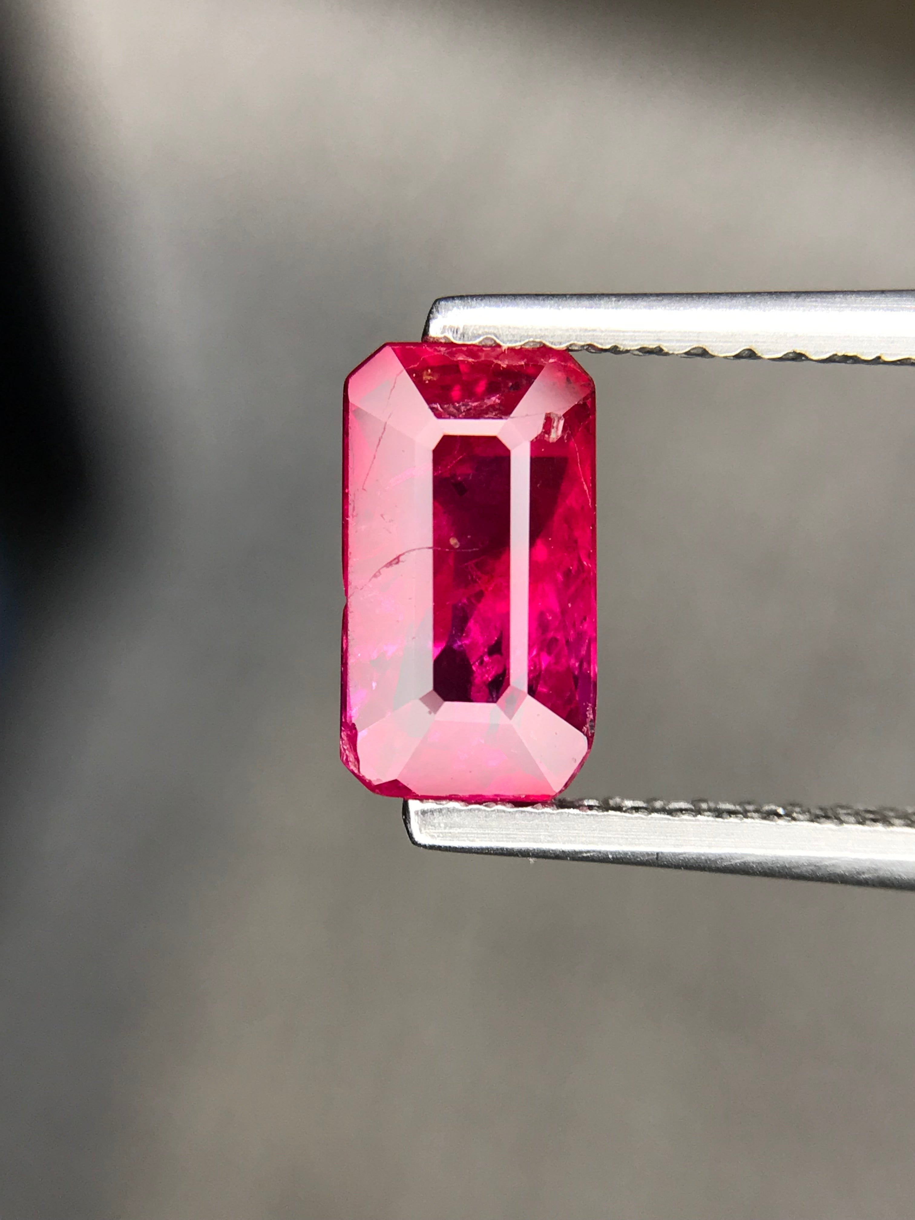 Shiza Gems 2.01 ct emerald-cut vivid pinkish-red unheated ruby gemstone.