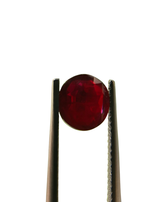 Shiza Gems 2.04 ct round cut vivid red unheated natural ruby gemstone held by tweezers.
