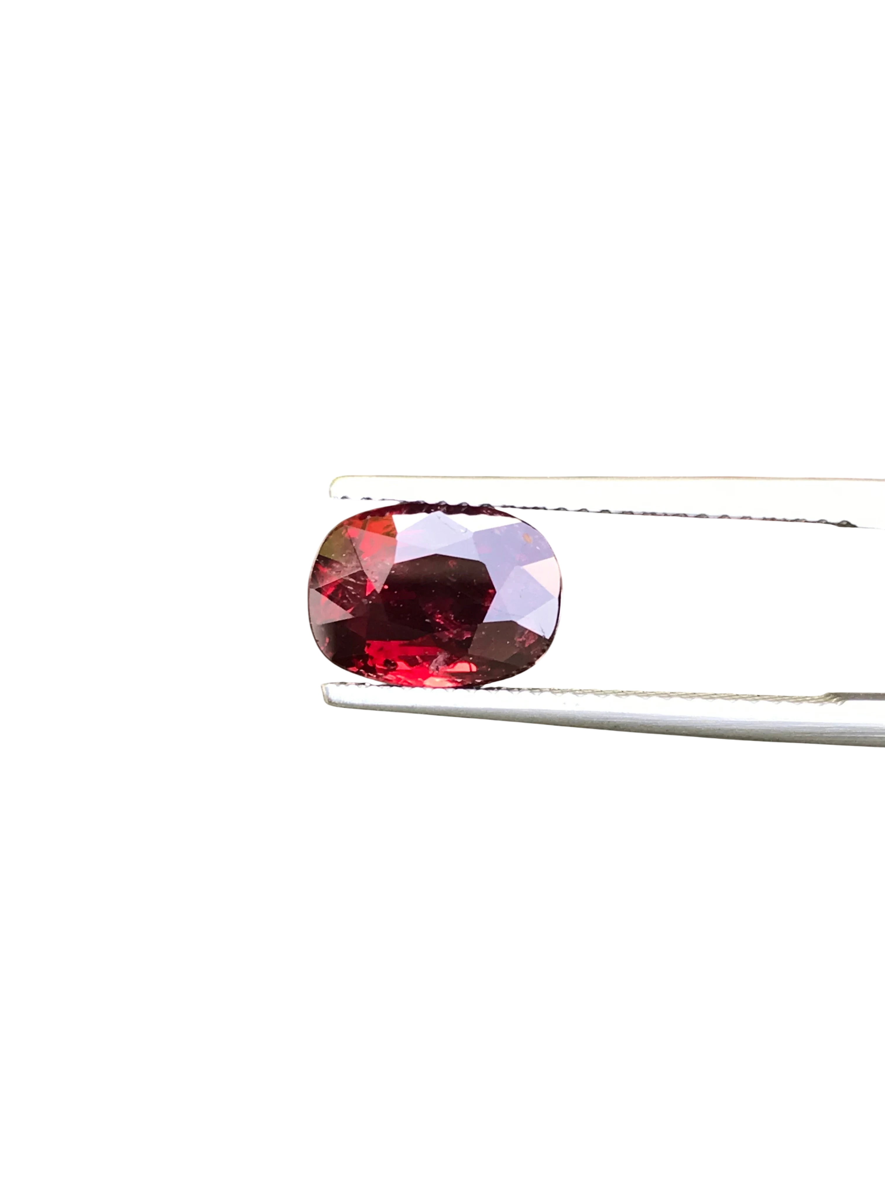 Shiza Gems 3.06 ct oval cut vivid red unheated natural ruby gemstone held by tweezers against a black background.
