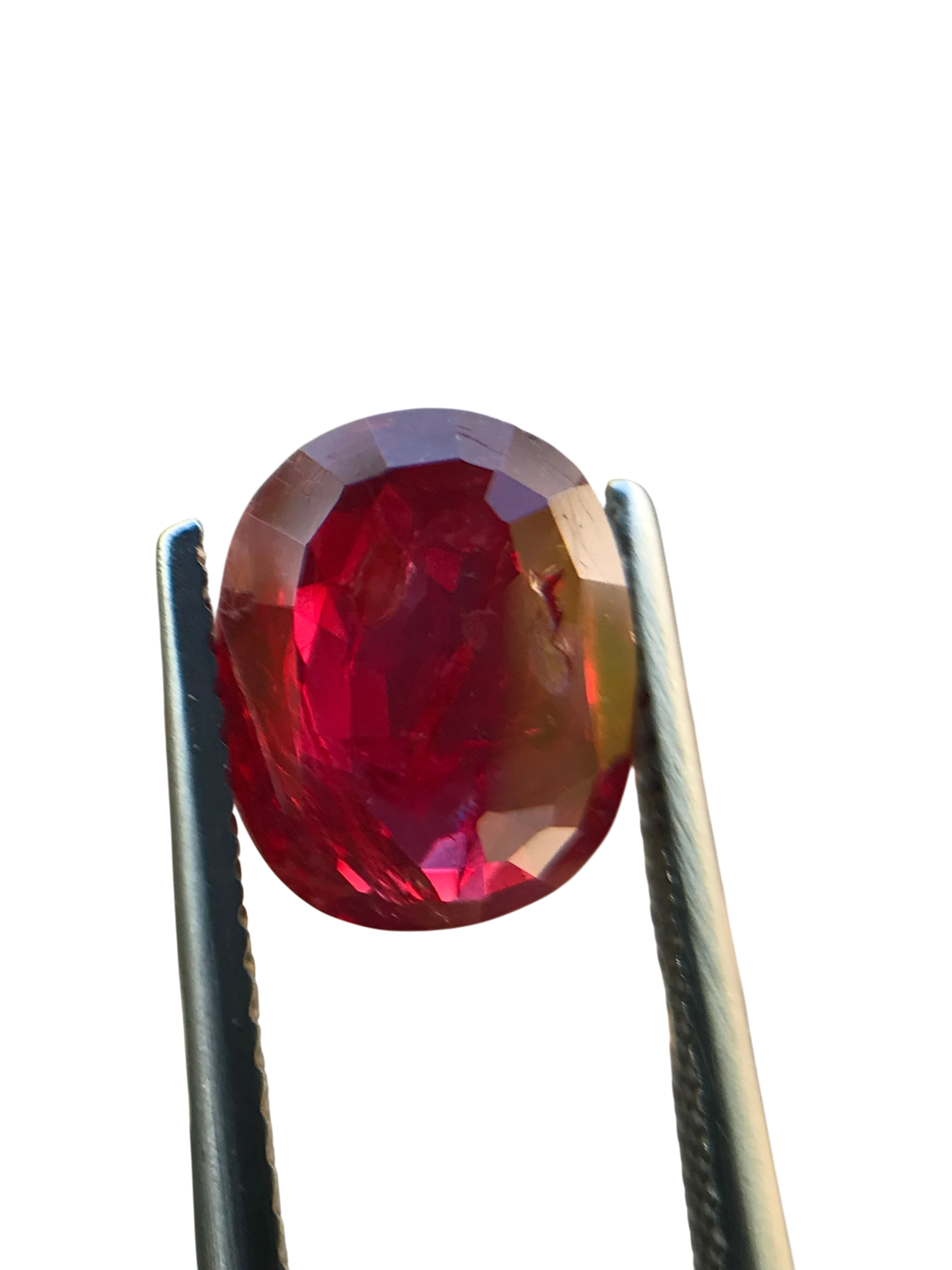 Shiza Gems 3.02 ct oval cut unheated ruby gemstone, vivid red color, faceted, held by tweezers.