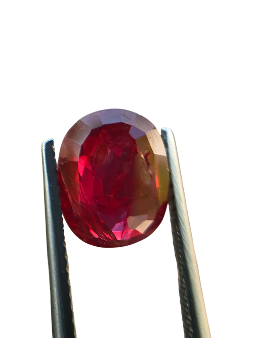 Shiza Gems 3.02 ct oval cut unheated ruby gemstone, vivid red color, faceted, held by tweezers.