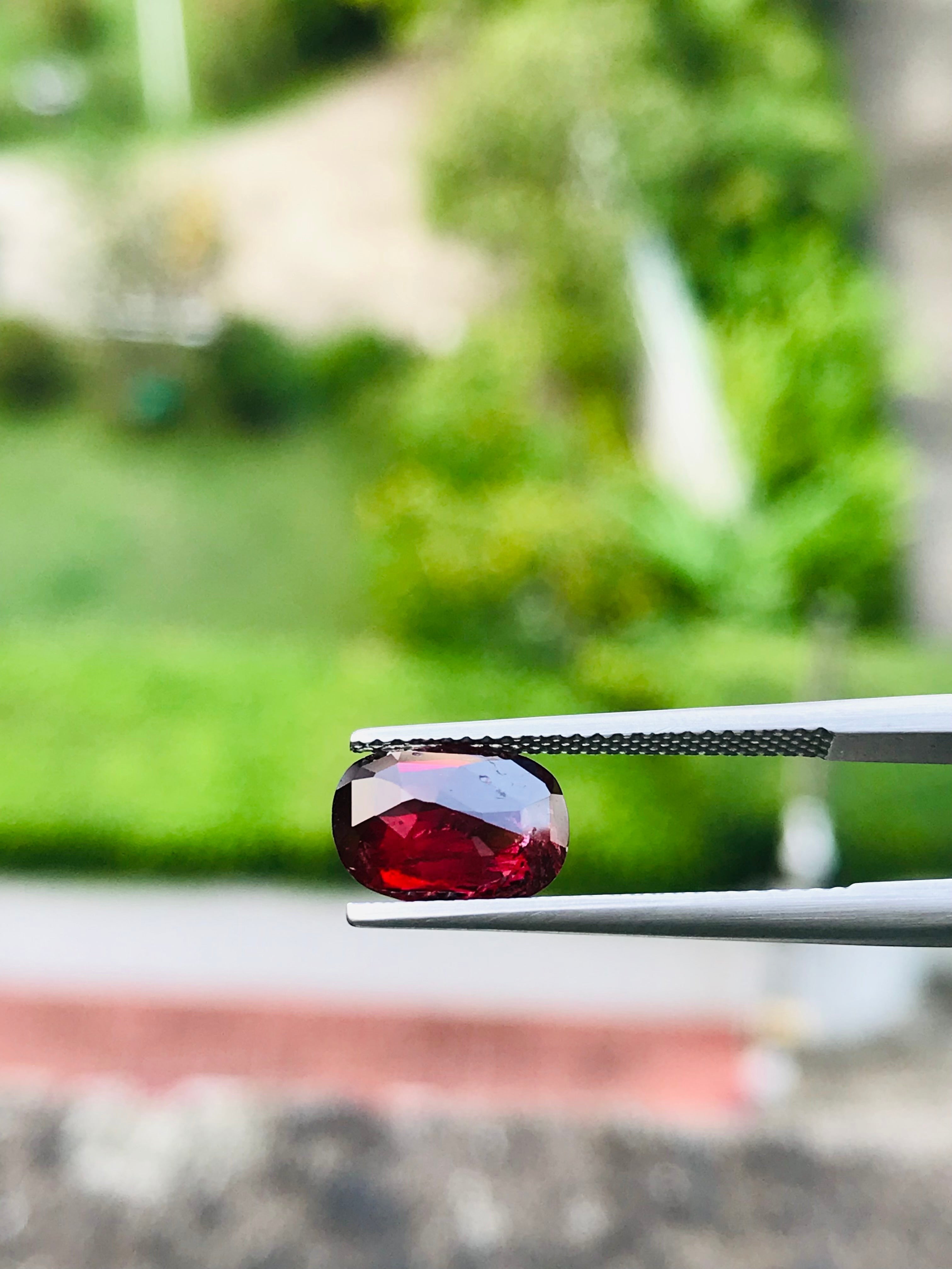 Shiza Gems 3.06 ct oval cut vivid red unheated natural ruby gemstone held by tweezers.