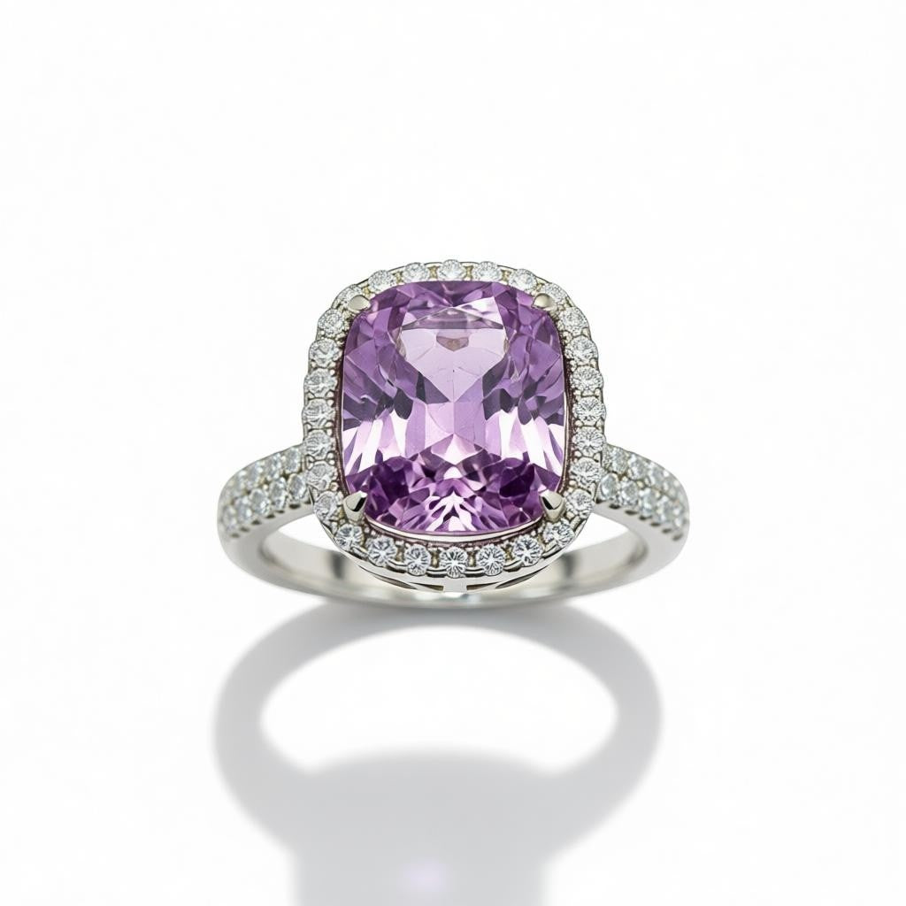 Shiza Gems cushion-cut amethyst ring with CZ halo and pavé band in sterling silver. Soft lavender-purple gemstone.