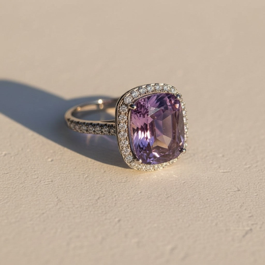 Shiza Gems natural cushion-cut amethyst ring with CZ halo in sterling silver. Soft lavender-purple gemstone with pavé band.