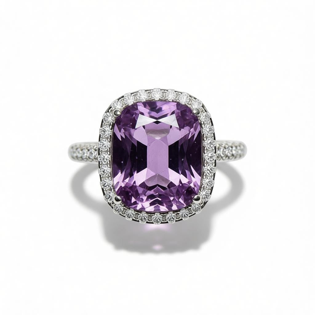 Shiza Gems cushion-cut amethyst ring with CZ halo in sterling silver. Soft lavender-purple gemstone with pavé band.