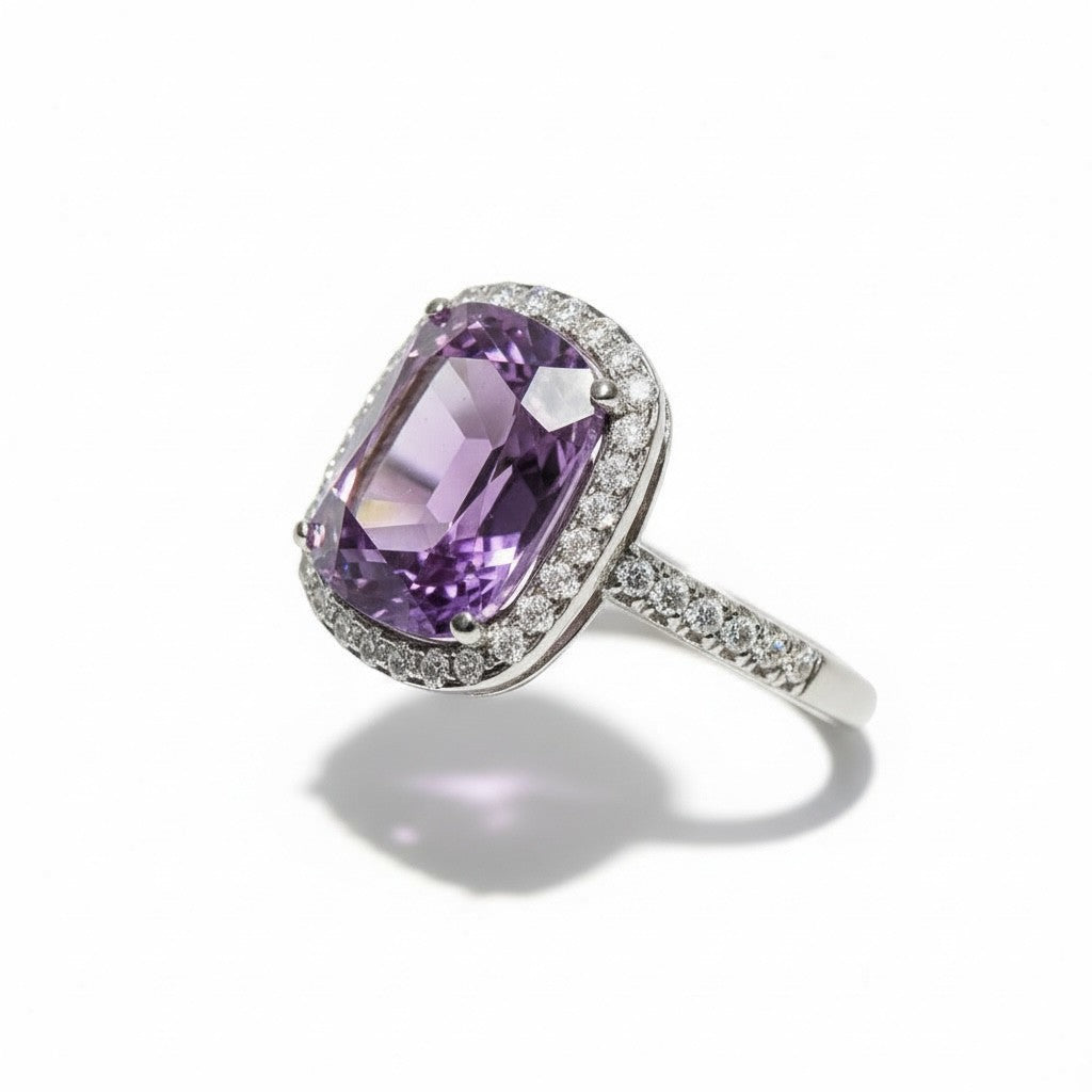 Shiza Gems cushion-cut amethyst ring with CZ halo in sterling silver. Soft lavender-purple gemstone with pavé band.